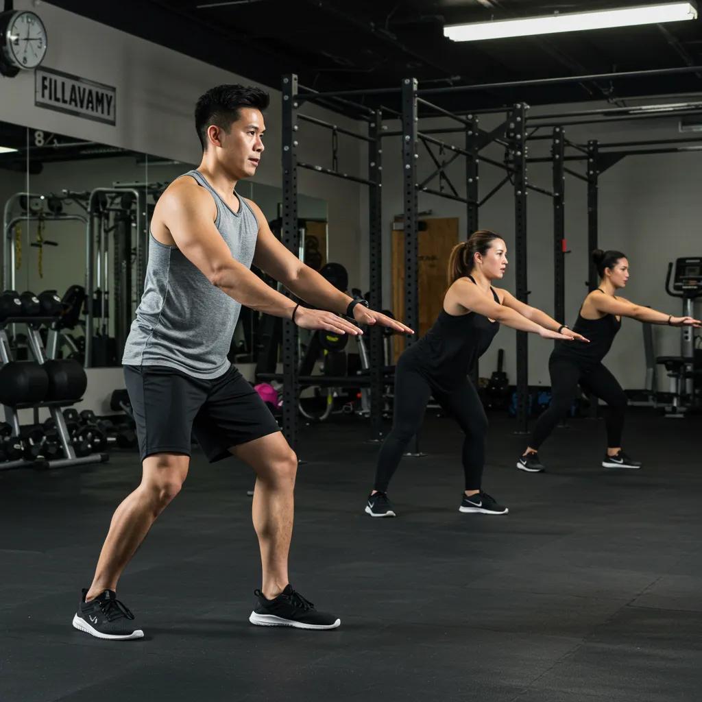 Fitness trainer demonstrating exercises for Ektomorph, Mesomorph, and Endomorph body types in a gym