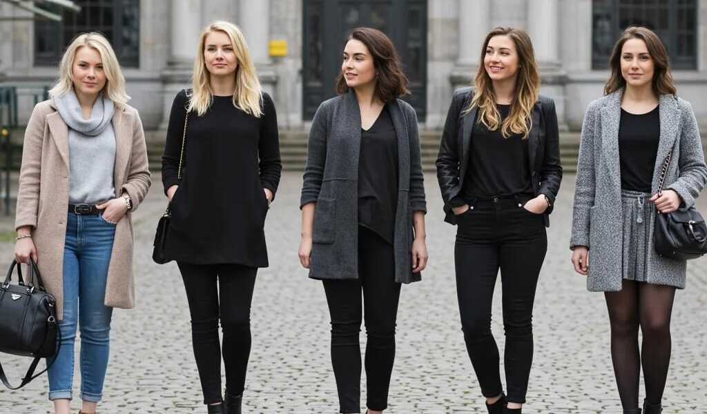 Fünf Frauen mit unterschiedlichen Körperformen in modischen Outfits, die Styling-Tipps für verschiedene Figurtypen veranschaulichen