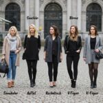 Fünf Frauen mit unterschiedlichen Körperformen in modischen Outfits, die Styling-Tipps für verschiedene Figurtypen veranschaulichen