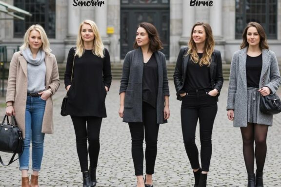 Fünf Frauen mit unterschiedlichen Körperformen in modischen Outfits, die Styling-Tipps für verschiedene Figurtypen veranschaulichen