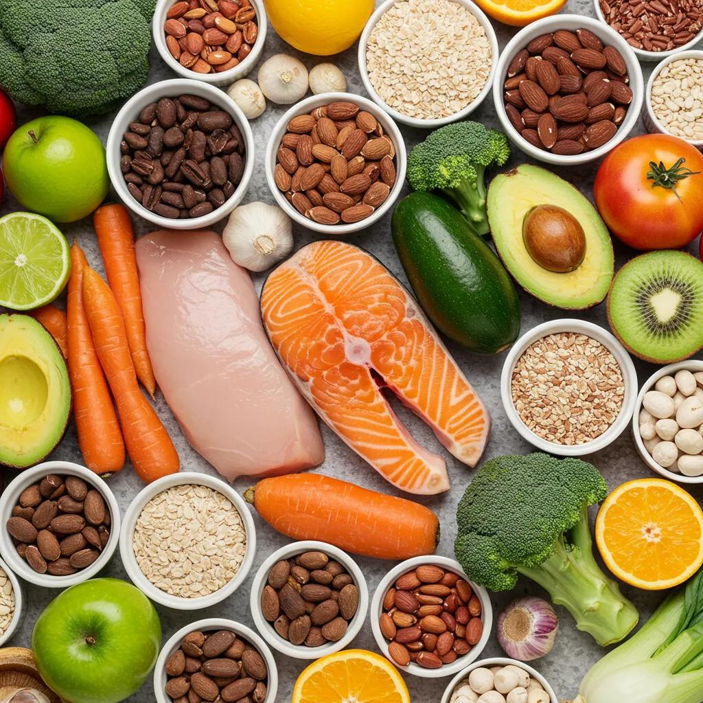 Auswahl gesunder Lebensmittel für schnellen Gewichtsverlust: magere Proteine, frisches Gemüse, Vollkornprodukte und Obst – für eine ausgewogene Ernährung