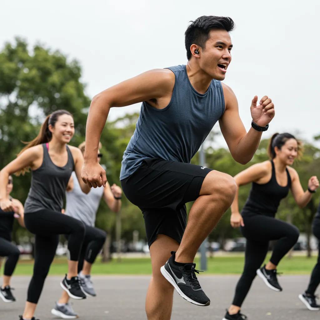 Gruppe von Personen beim hochintensiven Intervalltraining (HIIT) im Freien, die Energie und Teamwork zeigen