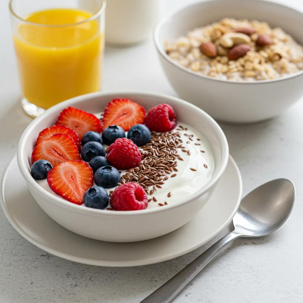 Gesunde Frühstücksoptionen wie griechischer Joghurt mit Beeren und Haferflocken mit Nüssen