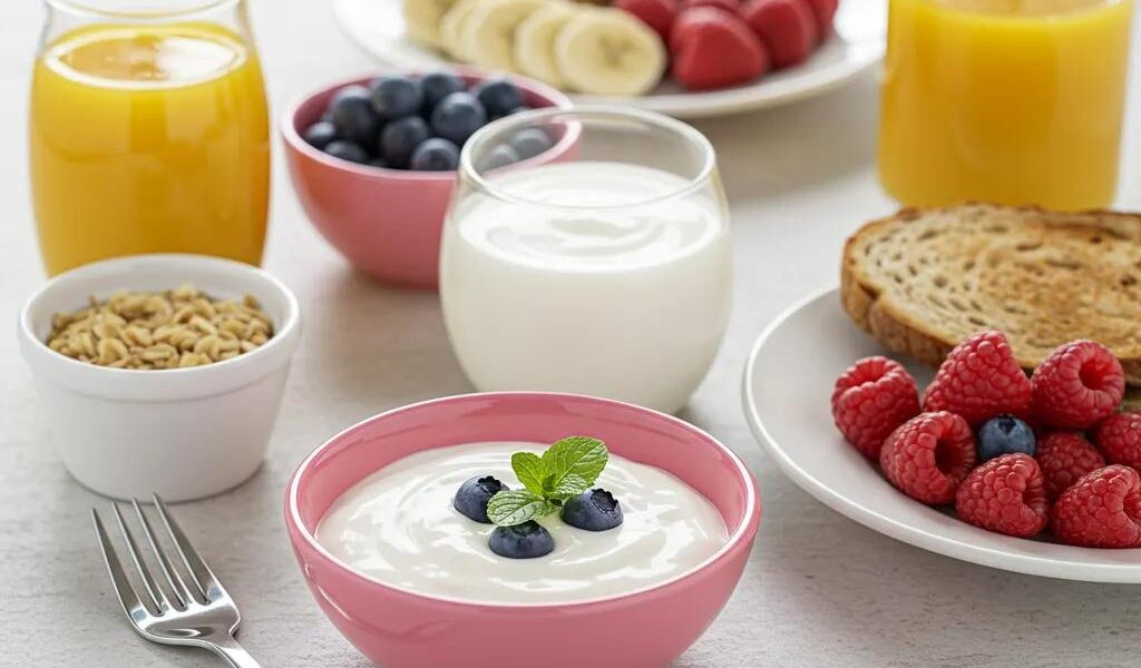 Healthy breakfast spread with Greek yogurt, berries, and whole grain toast