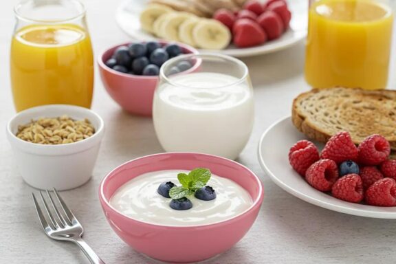 Healthy breakfast spread with Greek yogurt, berries, and whole grain toast