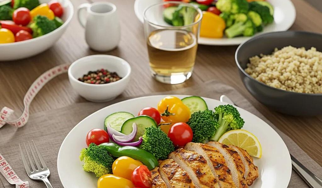 Healthy dinner plate with grilled chicken, vegetables, and quinoa, promoting weight loss strategies