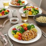 Healthy dinner plate with grilled chicken, vegetables, and quinoa, promoting weight loss strategies