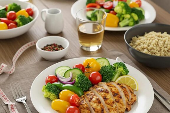 Healthy dinner plate with grilled chicken, vegetables, and quinoa, promoting weight loss strategies