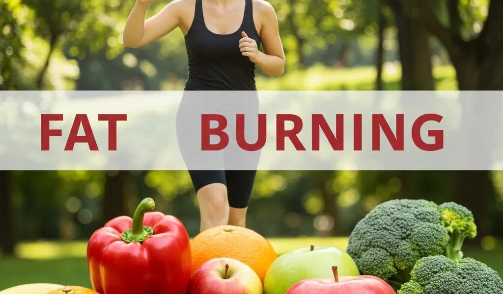 Gesunder Lebensstil für die Fettverbrennung: Frisches Obst, Gemüse und eine aktive Person beim Outdoor-Training