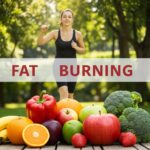 Gesunder Lebensstil für die Fettverbrennung: Frisches Obst, Gemüse und eine aktive Person beim Outdoor-Training