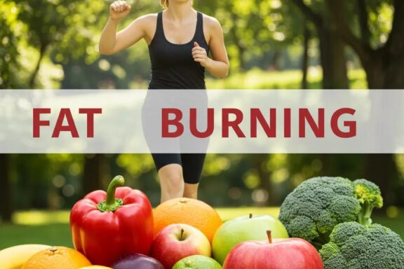 Gesunder Lebensstil für die Fettverbrennung: Frisches Obst, Gemüse und eine aktive Person beim Outdoor-Training