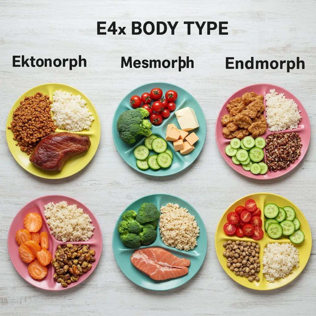 Healthy meal arrangements for Ektomorph, Mesomorph, and Endomorph body types showcasing balanced nutrition