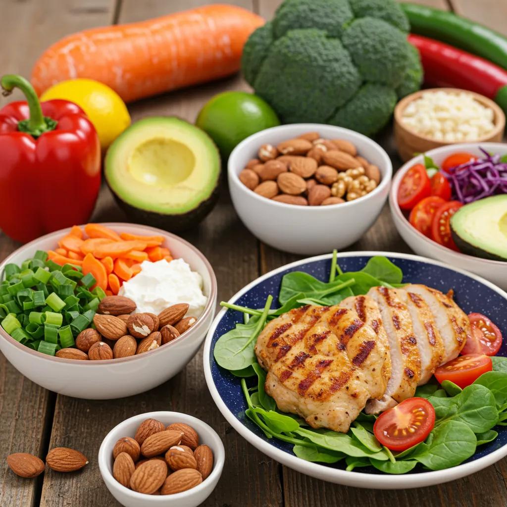 Healthy meal options for endomorphs, featuring grilled chicken, vegetables, and healthy fats on a wooden table