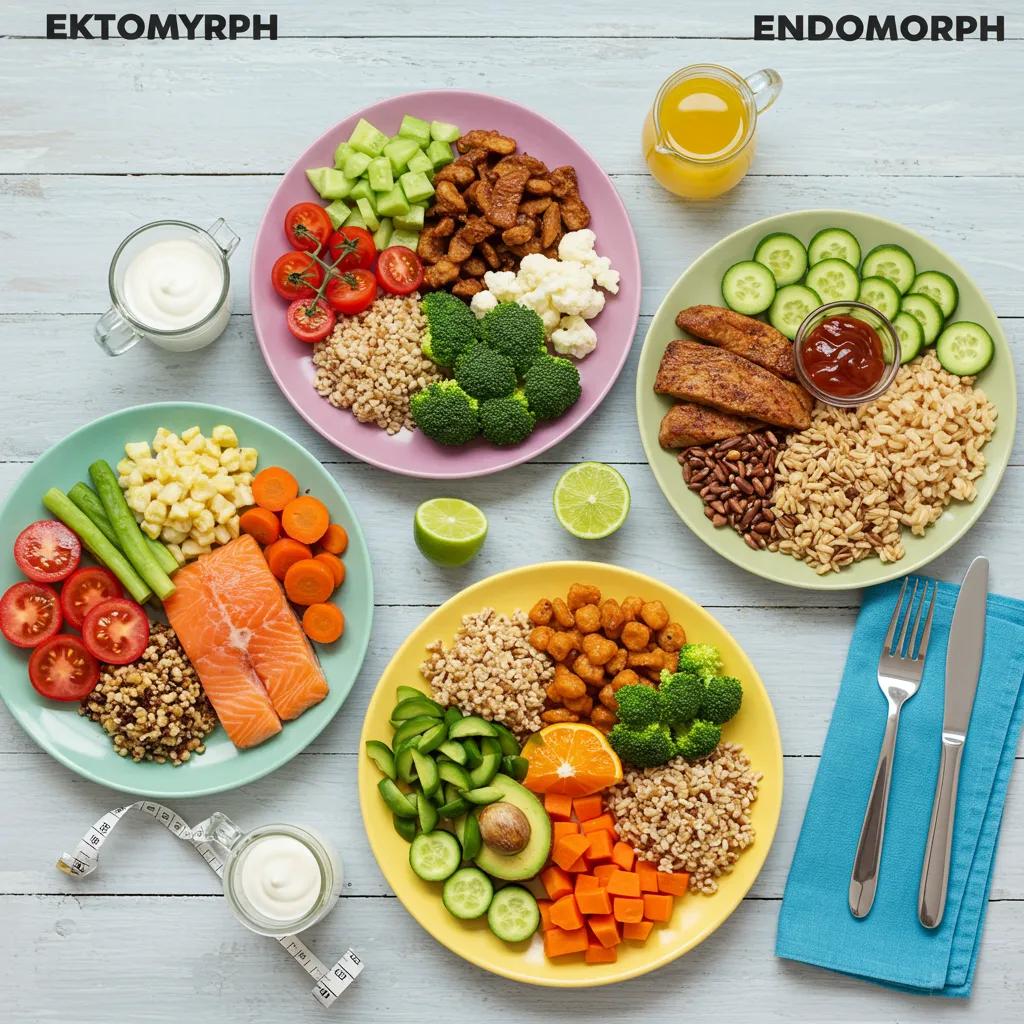 Healthy meal plate showcasing foods suitable for Ektomorph, Mesomorph, and Endomorph body types, promoting personalized nutrition