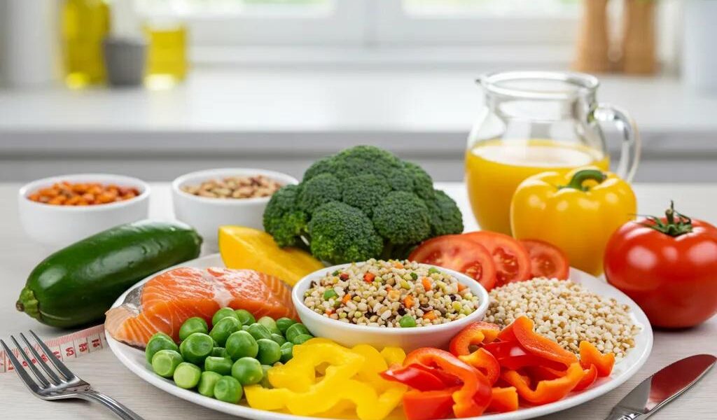 Healthy meal plate with colorful vegetables and lean proteins representing balanced diet for weight loss