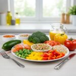 Healthy meal plate with colorful vegetables and lean proteins representing balanced diet for weight loss