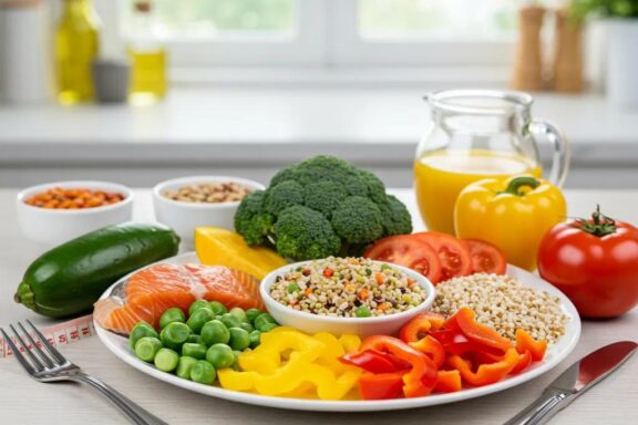 Healthy meal plate with colorful vegetables and lean proteins representing balanced diet for weight loss