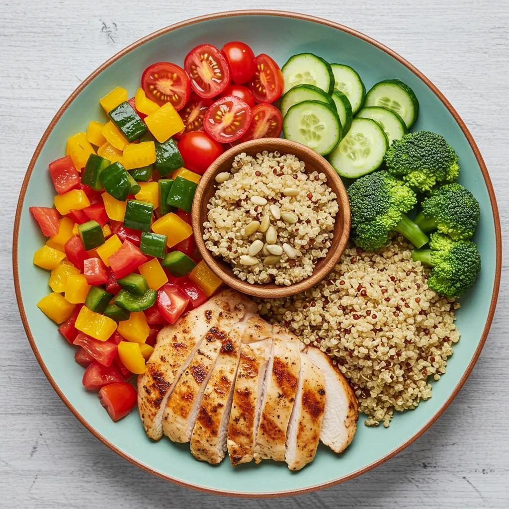 Healthy meal plate with grilled chicken, quinoa, and vegetables for mesomorphs