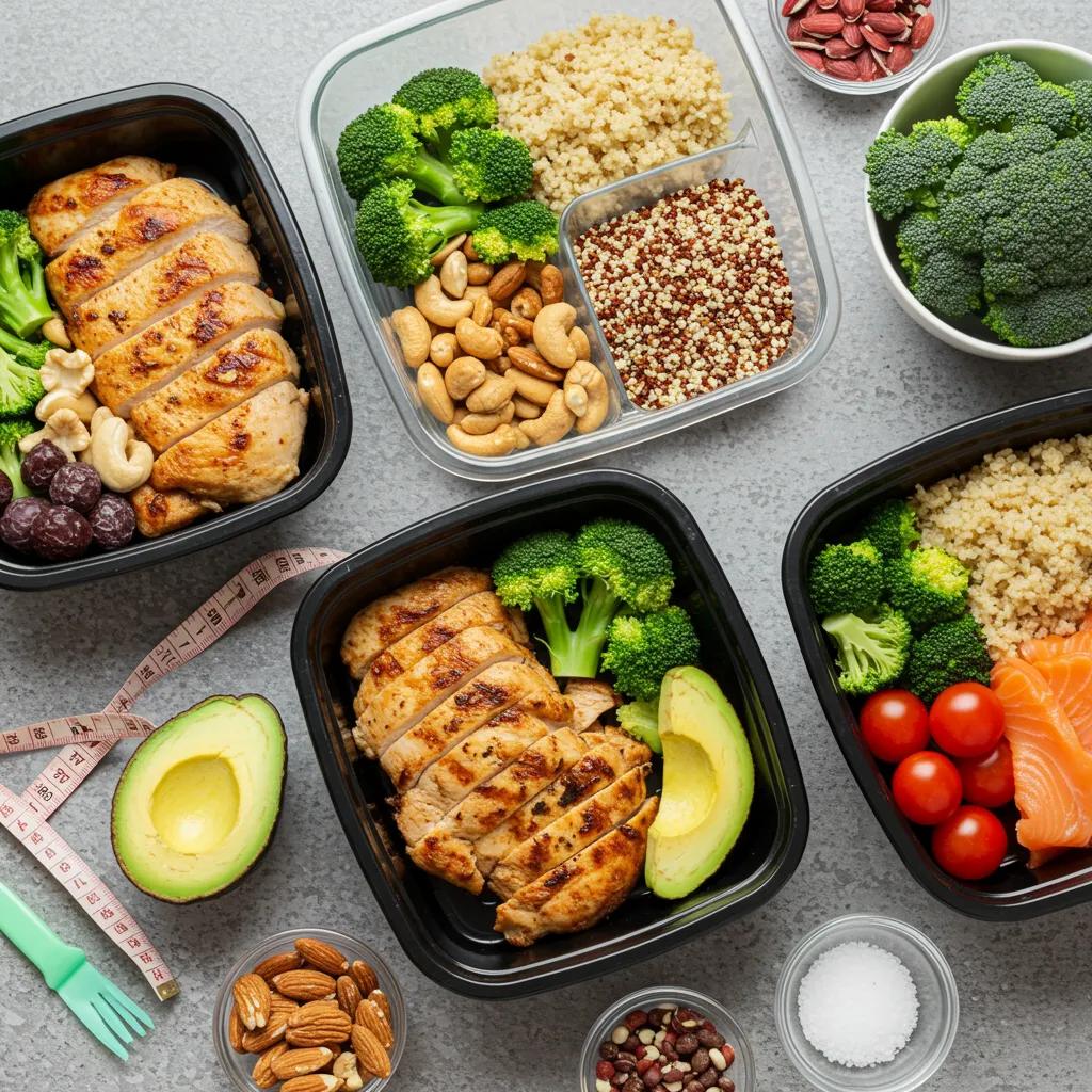 Healthy meal prep for endomorph bodybuilding, featuring lean proteins, whole grains, and colorful vegetables