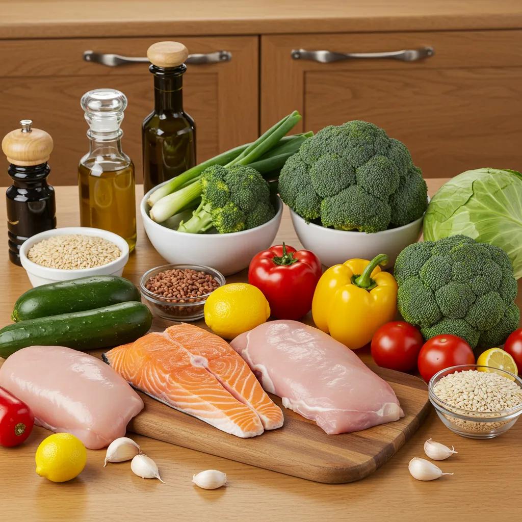 Eine Person misst Lebensmittelportionen auf einer Waage in einer gesunden Küche