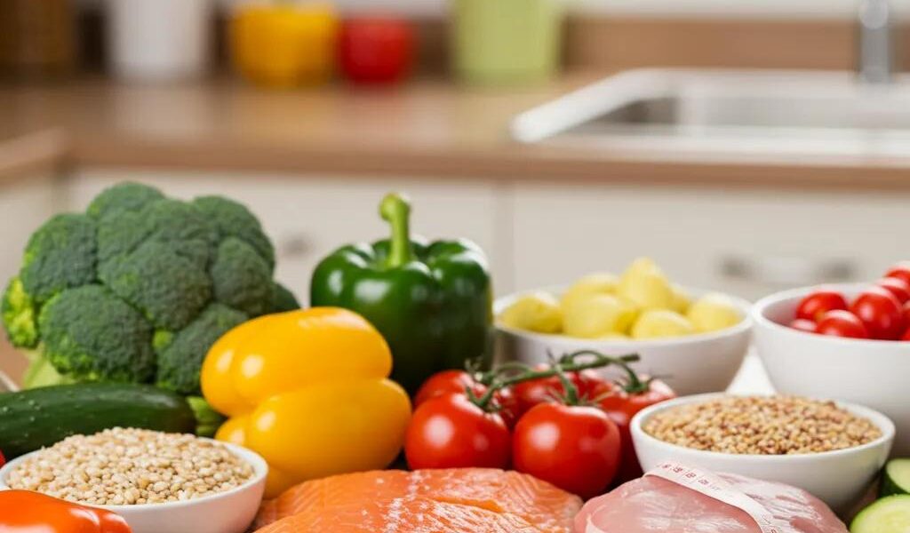 Healthy meal preparation with colorful vegetables and lean proteins promoting caloric deficit for weight loss