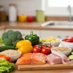 Healthy meal preparation with colorful vegetables and lean proteins promoting caloric deficit for weight loss