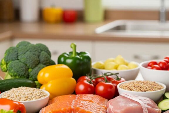 Healthy meal preparation with colorful vegetables and lean proteins promoting caloric deficit for weight loss