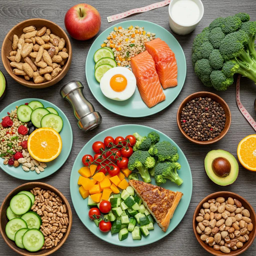 Gesunde Mahlzeiten, die auf verschiedene Körpertypen zugeschnitten sind und nahrhafte Lebensmittel für Ektomorphe, Mesomorphe und Endomorphe zeigen