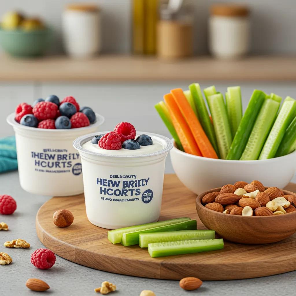 Gesunde Snacks wie Joghurt, Gemüse und Nüsse unterstützen deine Abnehmziele