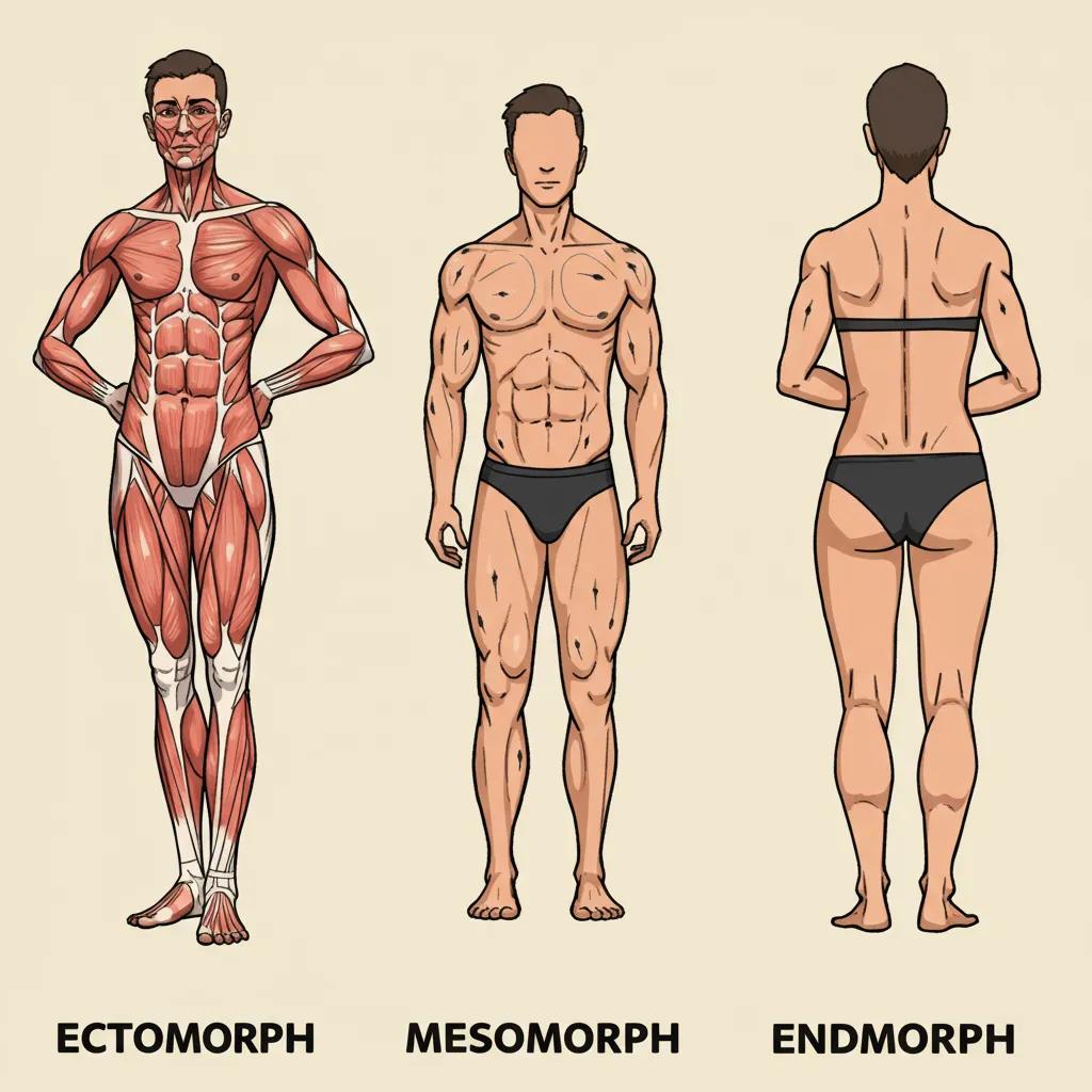 Grafik der drei Körpertypen: Ektomorph, Mesomorph und Endomorph – mit ihren individuellen Merkmalen und Stoffwechsel-Eigenschaften