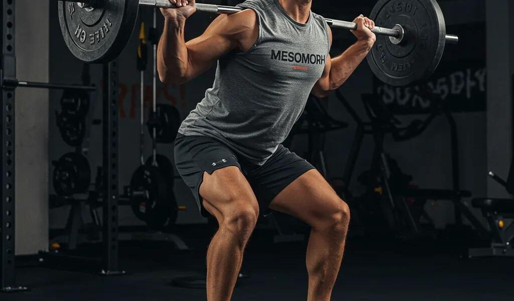 Mesomorph athlete lifting weights in a gym, showcasing strength and focus