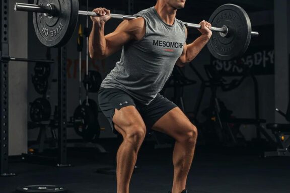 Mesomorph athlete lifting weights in a gym, showcasing strength and focus