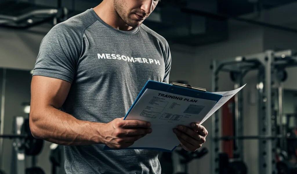 Mesomorph athlete studying a training plan in a gym, emphasizing focus on muscle building and fitness