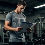 Mesomorph athlete studying a training plan in a gym, emphasizing focus on muscle building and fitness