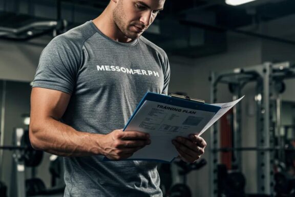 Mesomorph athlete studying a training plan in a gym, emphasizing focus on muscle building and fitness