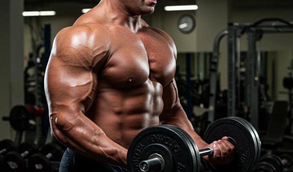 Muscular endomorph bodybuilder lifting weights in a gym, showcasing strength and determination