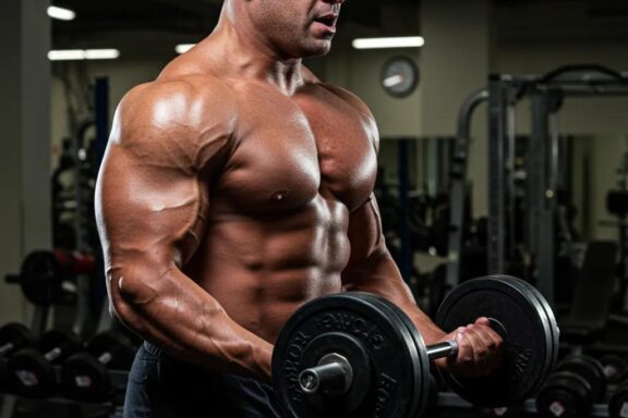 Muscular endomorph bodybuilder lifting weights in a gym, showcasing strength and determination