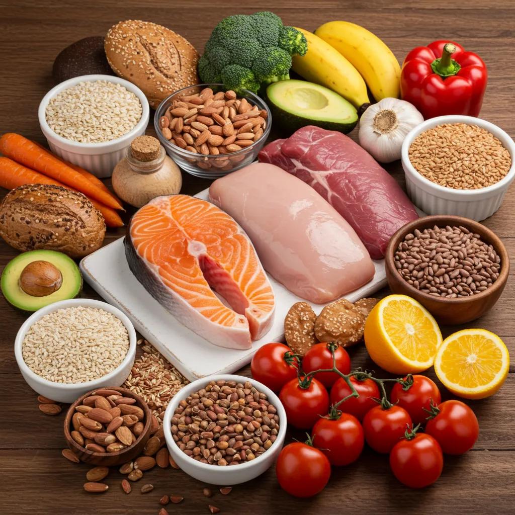 Nutrient-dense foods for ektomorphs arranged on a table