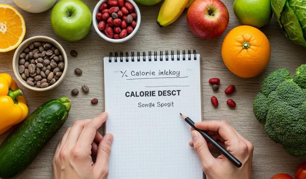 Person calculating caloric intake with healthy foods, representing the concept of calorie deficit