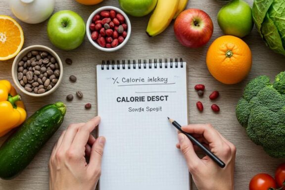 Person calculating caloric intake with healthy foods, representing the concept of calorie deficit
