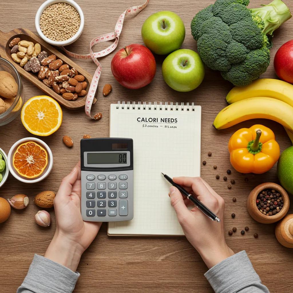 Person berechnet Kalorienbedarf mit gesunden Lebensmitteln in gemütlicher Küche