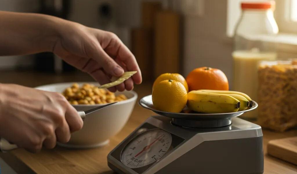 Person measuring food portions on a scale in a healthy kitchen setting