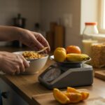 Person measuring food portions on a scale in a healthy kitchen setting
