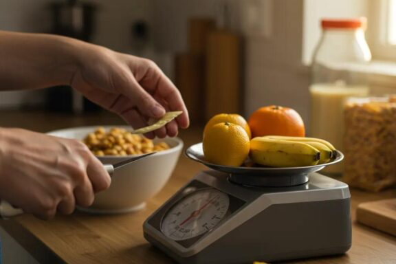 Person measuring food portions on a scale in a healthy kitchen setting