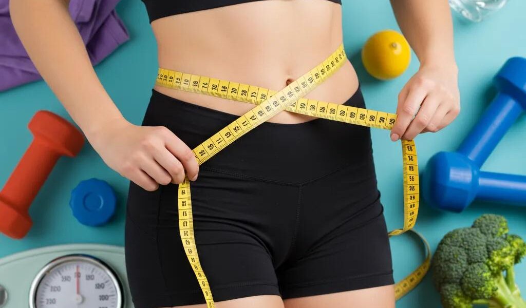 Person measuring waist and hips with a tape measure, surrounded by fitness and nutrition elements
