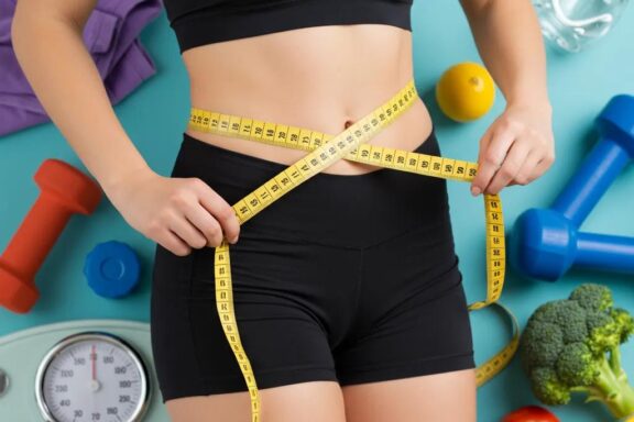 Person measuring waist and hips with a tape measure, surrounded by fitness and nutrition elements