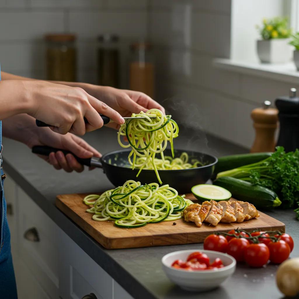 Person bereitet ein schnelles, gesundes Abendessen mit Zucchini-Nudeln und Hähnchen in einer hellen Küche zu