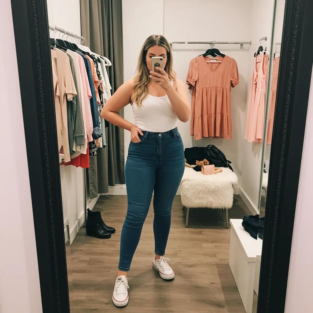 Digital body shape calculator interface on a laptop with fitness items in the background