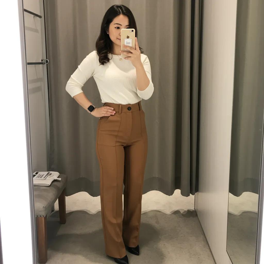 Kleine Frau probiert eine High-Waist-Hose in einer Umkleidekabine an, die die Beinverlängerung betont