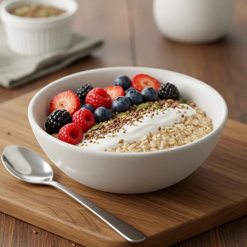 Proteinreiche Haferflocken-Bowl mit griechischem Joghurt, Beeren und Samen